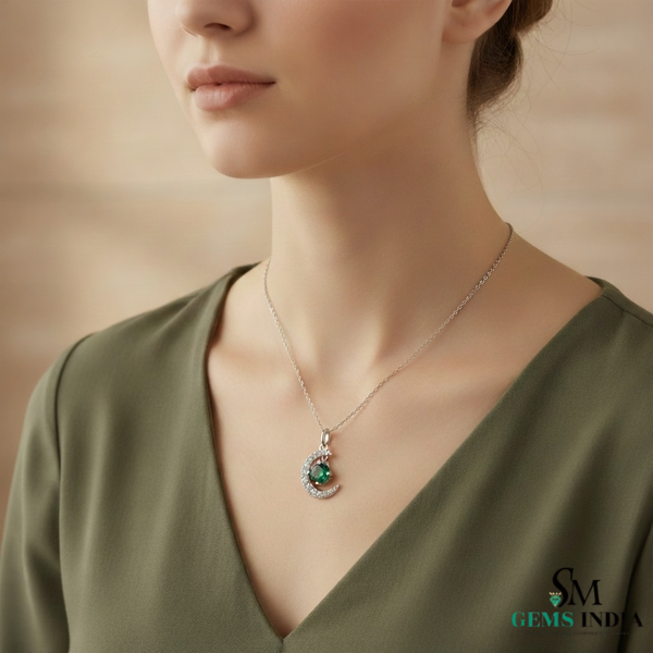 Crescent Moon Round Natural Emerald Pendant in 18k Gold Minimalist Birthstone Jewelry