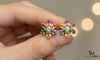 Oval Multicolor Gemstone Floral Stud Earrings – Diamond Center Rainbow Flower Earrings for Women