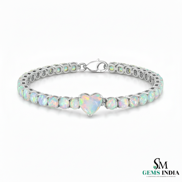 Heart and Round Opal Tennis Bracelet in Rose Gold – Dainty Luxury Love Bracelet