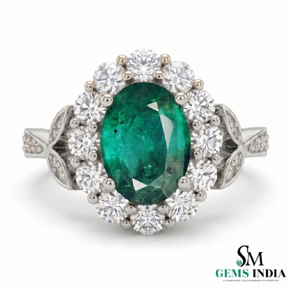 2.50 carat Oval Cut Emerald and Diamond Halo Ring in 14K Gold Vintage Engagement Ring