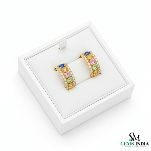 Rainbow Oval shape Multi Gemstone & Diamond Huggie Hoop Earrings
