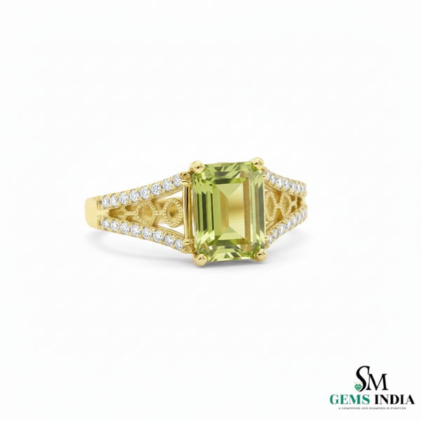 Natural Green Peridot & Diamond Ring – Emerald Cut in 14k and 18k Gold
