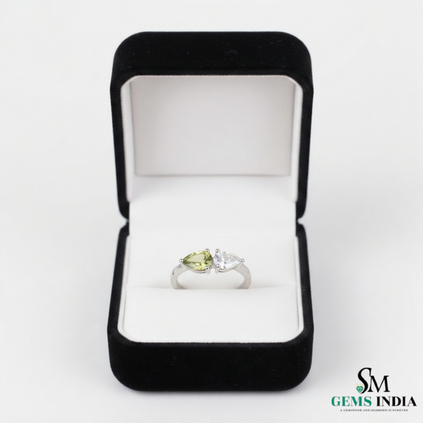 Natural Peridot and Moissanite Two-Stone Ring - Toi et moi ring