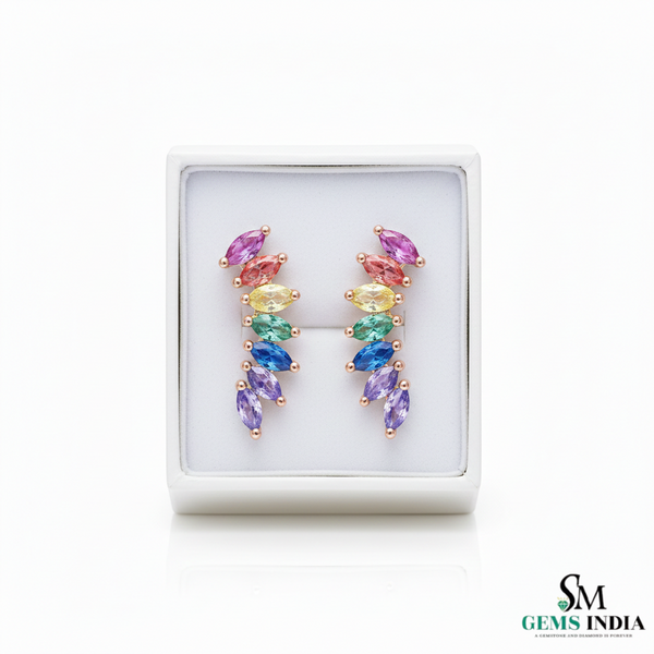 Rainbow Marquise Sapphire Curved Bar Stud Earrings - fine jewelry earrings