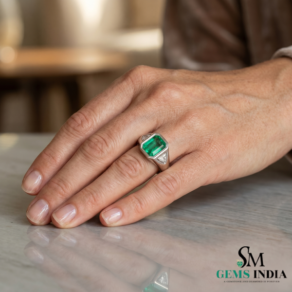 Natural Emerald And Triangle Moissanite Ring 10.20 Carats Engagement Ring in 14K gold