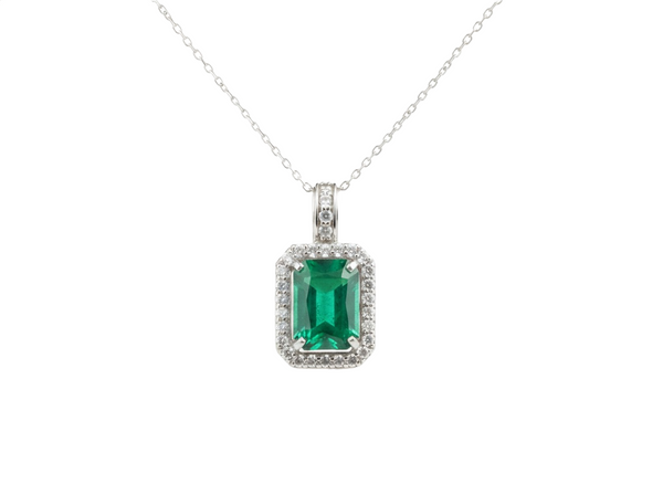 Emerald Cut Natural Emerald and Diamond Halo Pendant in 14K Gold Elegant Birthstone Jewelry