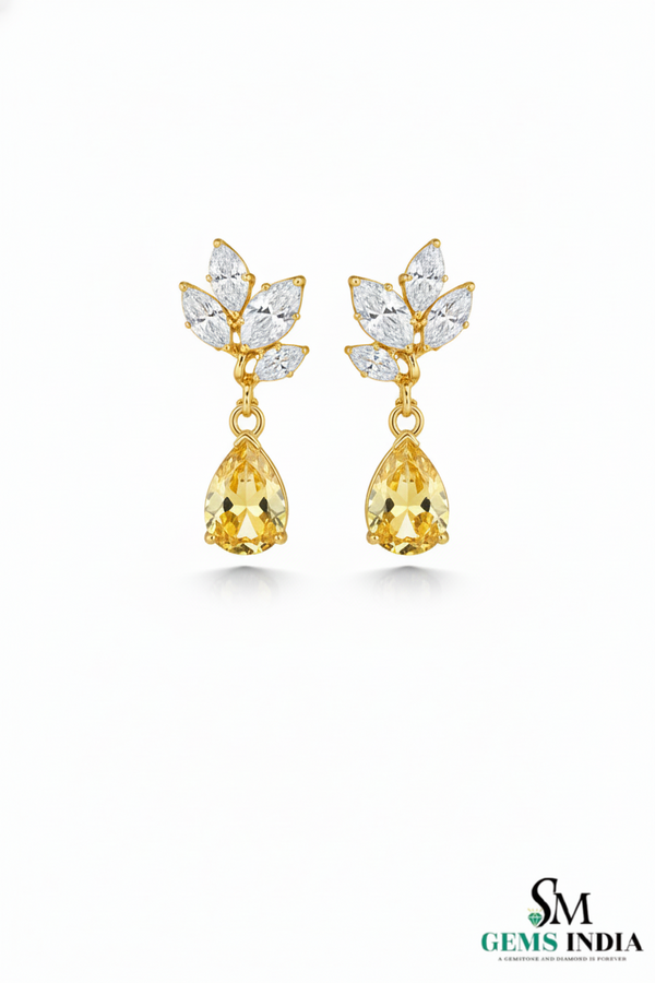 Pear Cut Yellow Citrine Drop Earrings with Leaf Moissanite - Elegant Gold Jewelry Gift