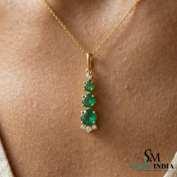 Fine Jewelry Three Stone Emerald ; Diamond Drop Pendant