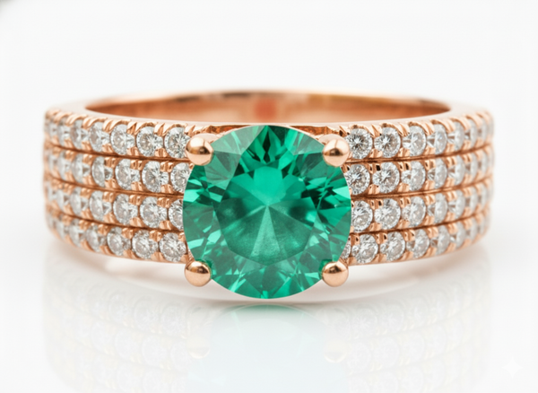 Round Natural Emerald and Diamond Multi-Row Band Engagement Ring in 14K Gold Handmade Fine Gold Jewelry