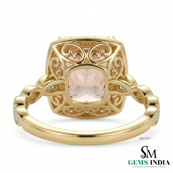 Cushion Cut Peach Statement Morganite Halo Ring with Brilliant Diamond Border
