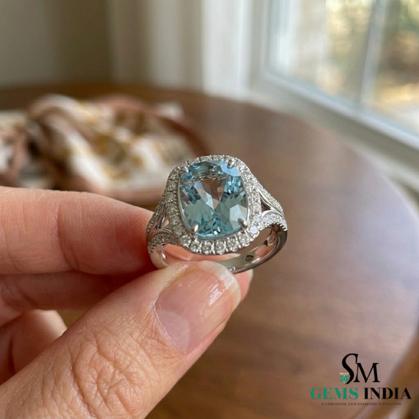 Cushion Aquamarine Engagement Ring with Diamond Halo Split Shank