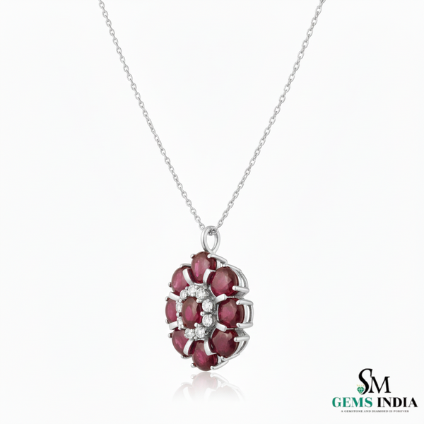 Classic Cabochon Natural Ruby Floral Pendant Necklace – Elegant Fine Jewelry