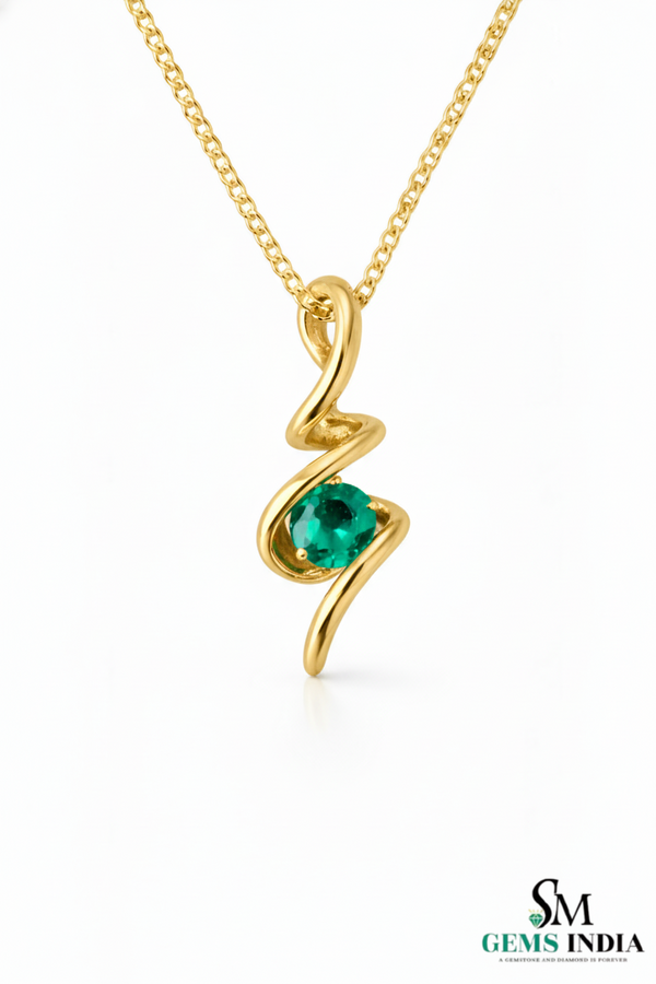 Natural Emerald Round Stone Curved Twist Pendant - Green Gemstone Jewelry
