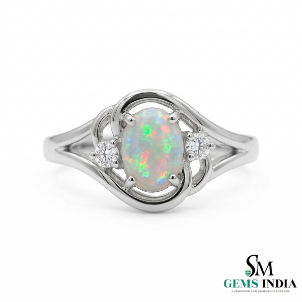 Oval Opal Ring with Diamond Accents – Vintage Opal Engagement Ring
