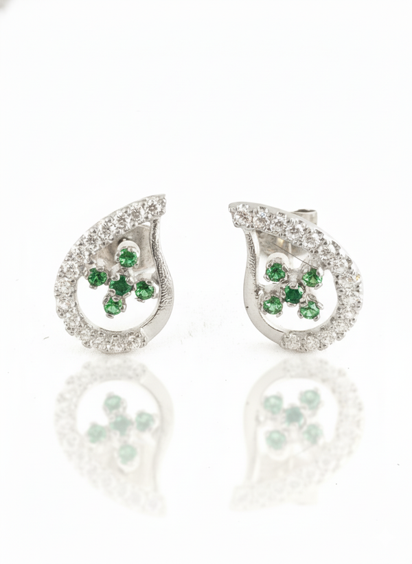 Teardrop Stud Earrings with Round Natural Emerald Cluster &amp; Diamonds in Gold Unique Gift for her