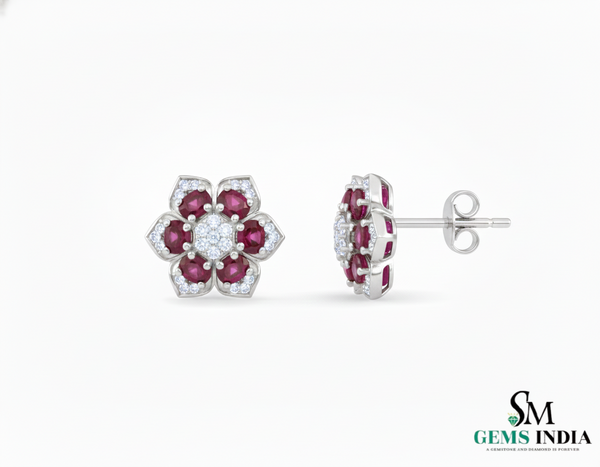 Oval shape Natural Ruby Floral Stud Earrings with Diamond Accents Elegant Gold Jewelry