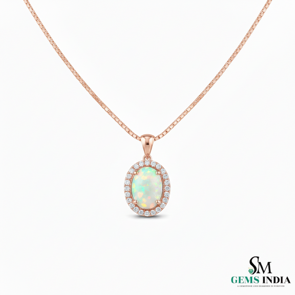 Natural Oval Opal Pendant with Diamond Halo Pendant for Women