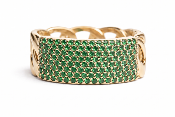 1.30 carat Round Shaped Natural Emerald Iced Out Green Stone Chain Link Ring For men's