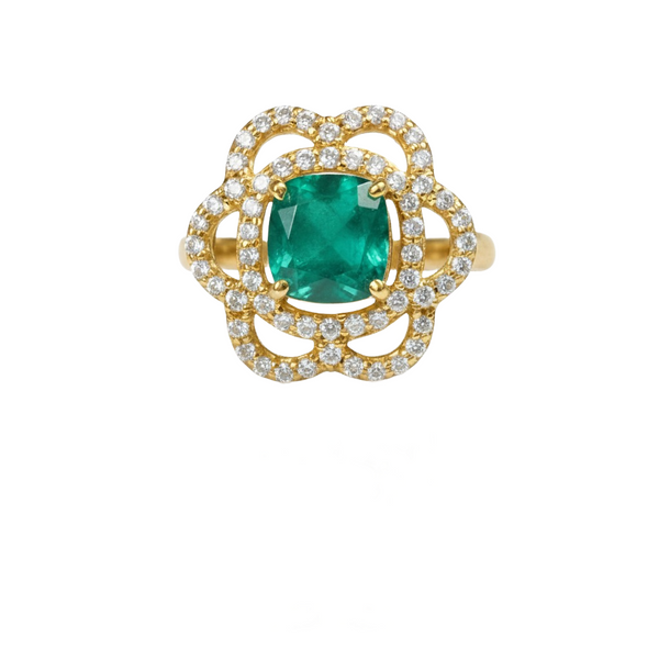 Cushion Cut Natural Emerald and Diamond Flower Halo Ring in 1.10 Carat Unique Anniversary gift for her