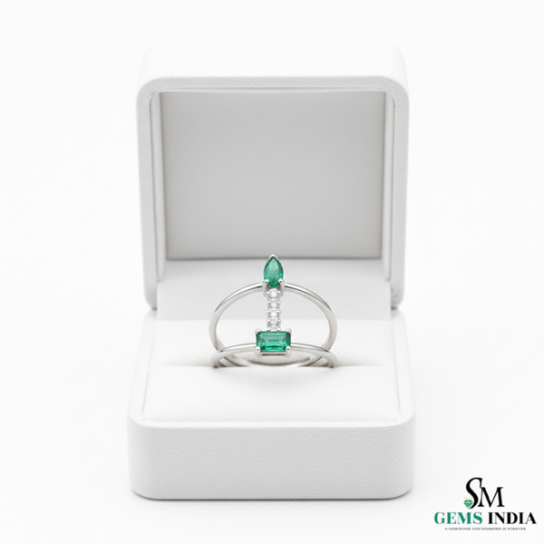 Pear & Emerald Cut Emerald Open Ring with Diamond Bar