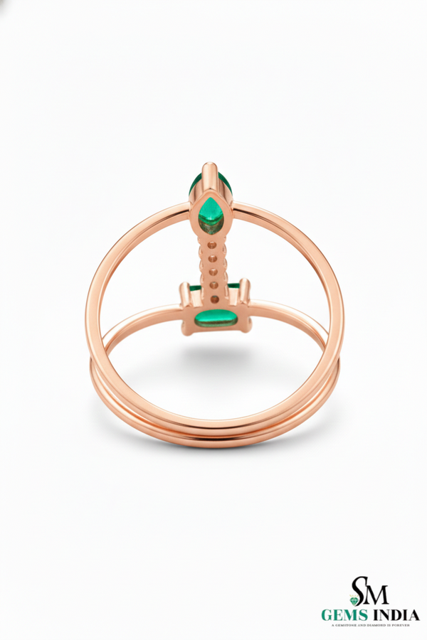 Pear & Emerald Cut Emerald Open Ring with Diamond Bar