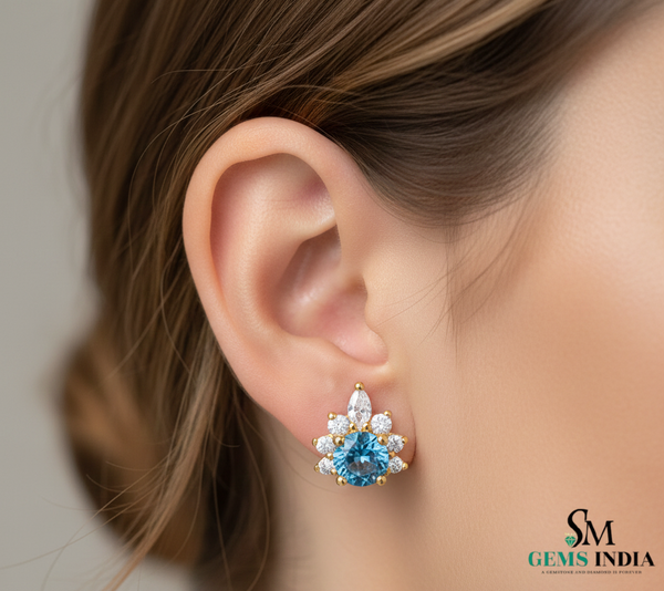 March Birthstone Round Aquamarine Diamond Cluster Stud Earrings