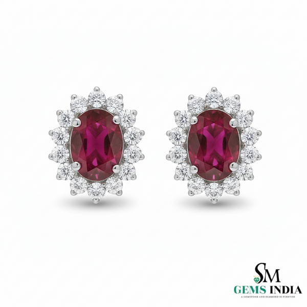 Vintage style Oval cut Natural Ruby Diamond Stud Earrings Gift for Her