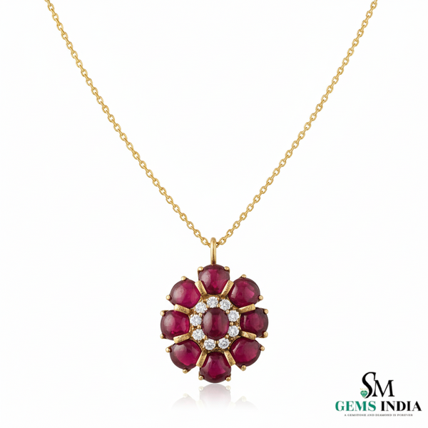 Classic Cabochon Natural Ruby Floral Pendant Necklace – Elegant Fine Jewelry
