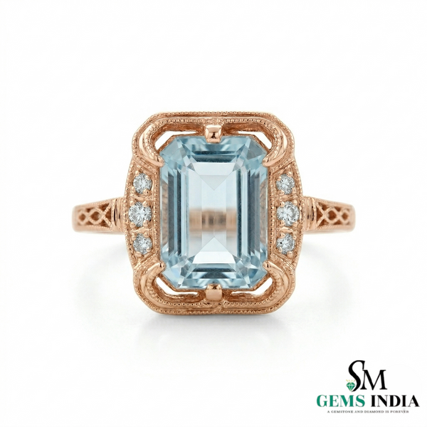 Emerald Cut Aquamarine Halo Ring with Diamond Accents - Vintage Inspired Statement Ring