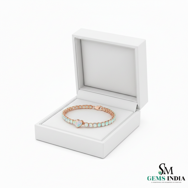 Heart and Round Opal Tennis Bracelet in Rose Gold – Dainty Luxury Love Bracelet
