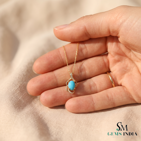 Vintage Turquoise Oval Pendant With Diamond Accent Swirl Design - Anniversary Gift