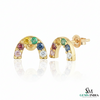 Multicolor Sapphire Rainbow Arch Stud Earrings – Diamond Accent Minimalist Curve Earrings for Women