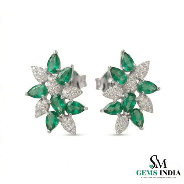 Green Emerald & Diamond Floral Stud Earrings – Elegant Gold Jewelry