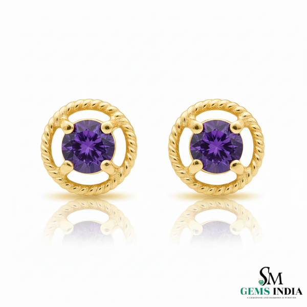 Natural Round Amethyst Gold Stud Earrings with Twisted Rope Setting