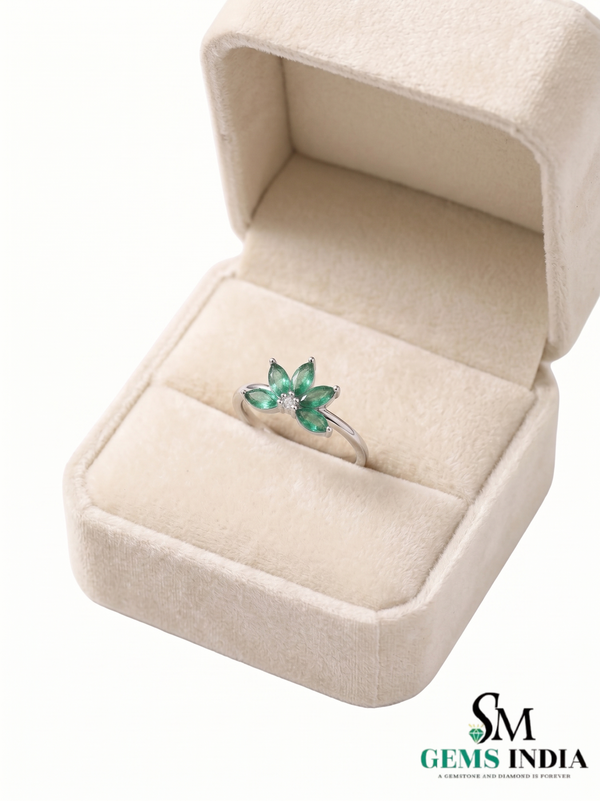 Natural Marquise Cut Emerald Cluster Ring in Solid 14K Gold – Elegant Floral Fine Jewelry Ring