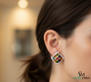 Multicolor Sapphire Cluster Earrings with Diamond Halo - Colorful gemstone earrings