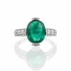 Oval shape Natural Emerald Cabochon Engagement Ring with Diamond Band 3.20 carat 18K Gold Ring