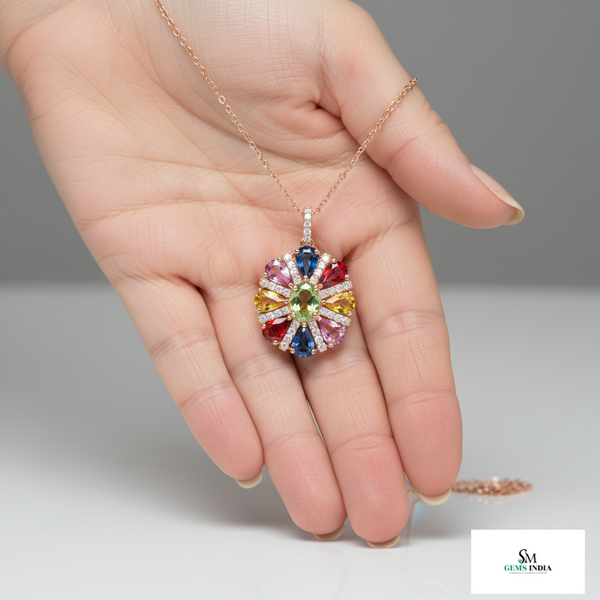 Rainbow Pear & Oval Gemstone Flower Pendant Multicolor Gemstone Necklace