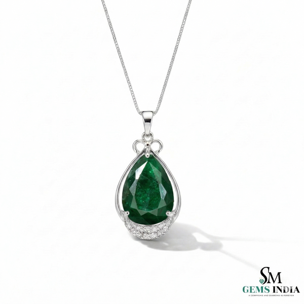 Pear Emerald Drop Pendant Necklace with Diamonds - Minimalist Fine Jewelry