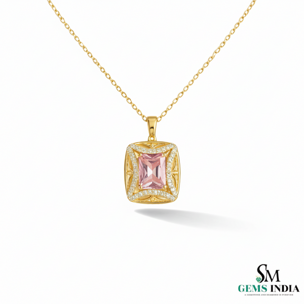 Elegant Emerald Cut Morganite Pendant with Diamond Halo For Women