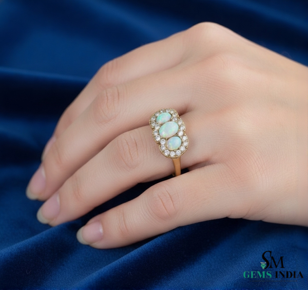 Oval and round Opal Diamond Halo Ring Vintage Style Gemstone Ring