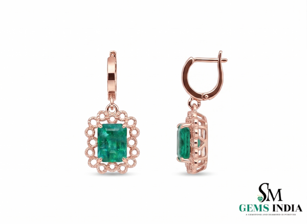 Gold Drop Earrings with Emerald cut Natural Green Stone &amp; Sparkling Halo