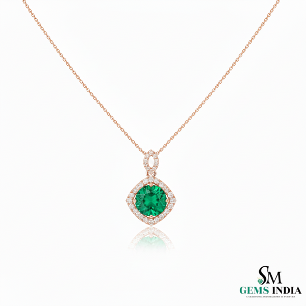 Round Emerald and Diamond Halo Pendant in 18K Gold May Birthstone Jewelry