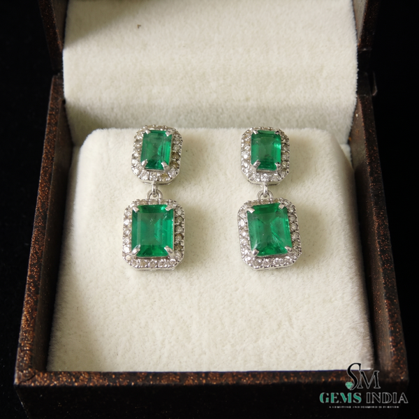 Emerald cut Natural Emerald & Double Drop Halo Earrings in 14K Gold Classic Vintage Dangle Design