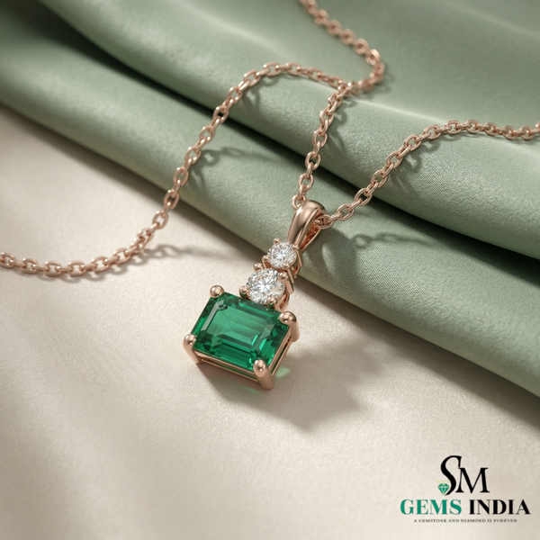 Emerald Cut Green Emerald Pendant with Double Round Diamond Accent