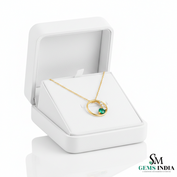 Round Green Natural Emerald Diamond Open Circle Pendant - Minimalist Fine Jewelry