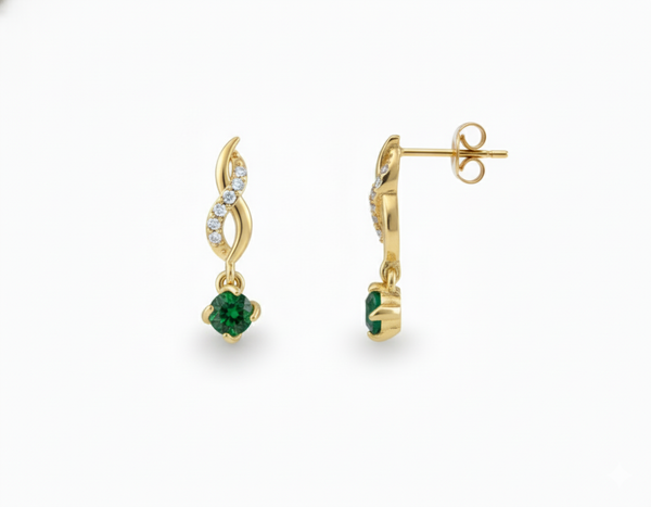 1.80 carat Gold Swirl Diamond Earrings with Round Natural Emerald Drops Gift for her