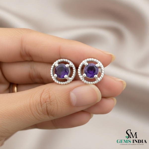 Natural Round Amethyst Gold Stud Earrings with Twisted Rope Setting