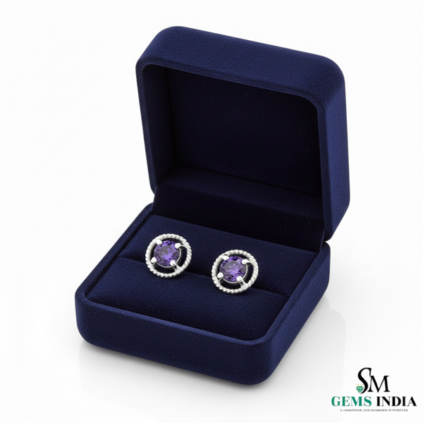 Natural Round Amethyst Gold Stud Earrings with Twisted Rope Setting