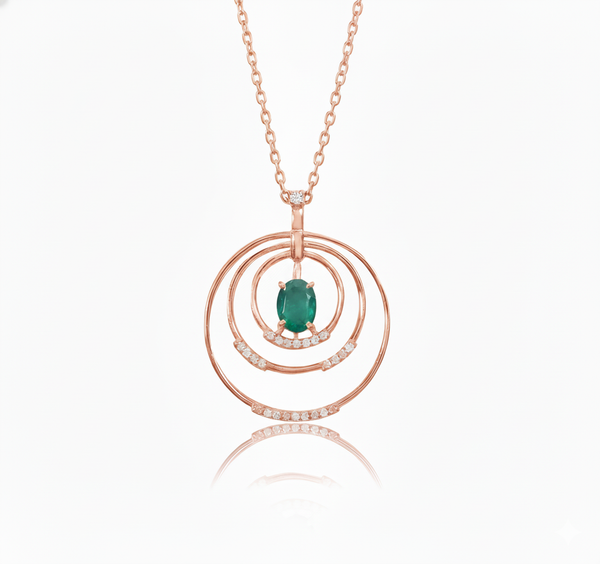 1.10 carat Oval shape Natural Emerald and Diamond Circle Pendant Necklace in 14K Gold